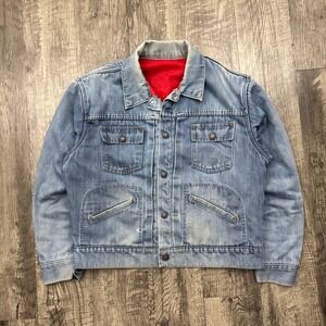 Vintage Denim Trucker Jacket Red Quilt Lined 60s 70s Work Cropped Boxy Sz M